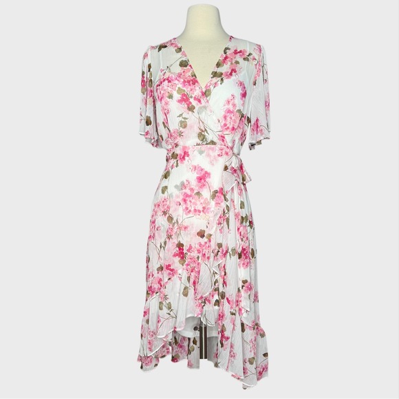 Calvin Klein Floral Dress Size 6 White Pink Ruffle Flutter Sleeve Midi Summer - Picture 1 of 7